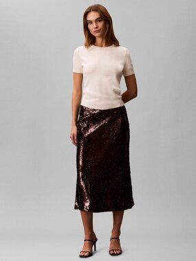 $149 Calvin Klein Women's Sequined Midi Skirt Mocha Brown Size 16